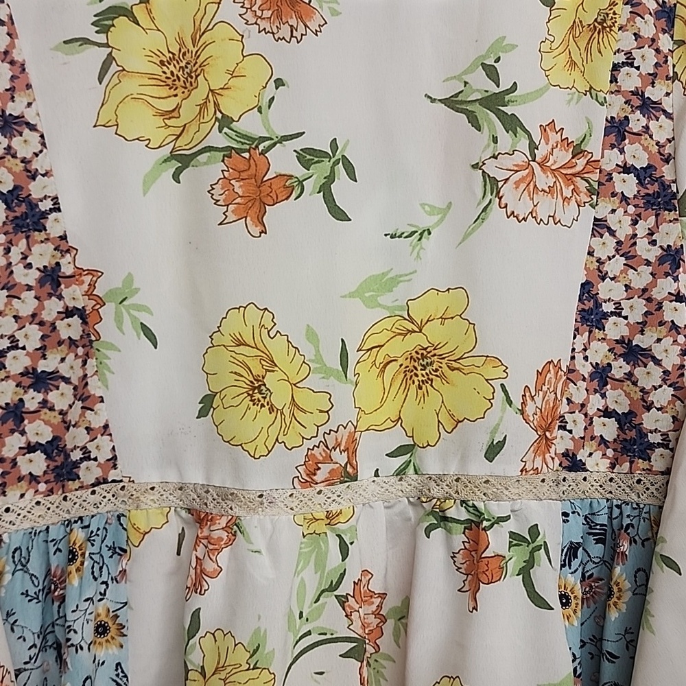 GGO Boho Floral V-Neck Patchwork Mini Dress or Long Top in White & Yellow - Picture 6 of 9